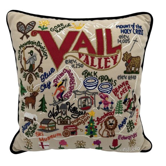 Catstudio Vail Valley Hand Embroidered Pillow Ski Resort Mountain Cabin Gift - Picture 1 of 9